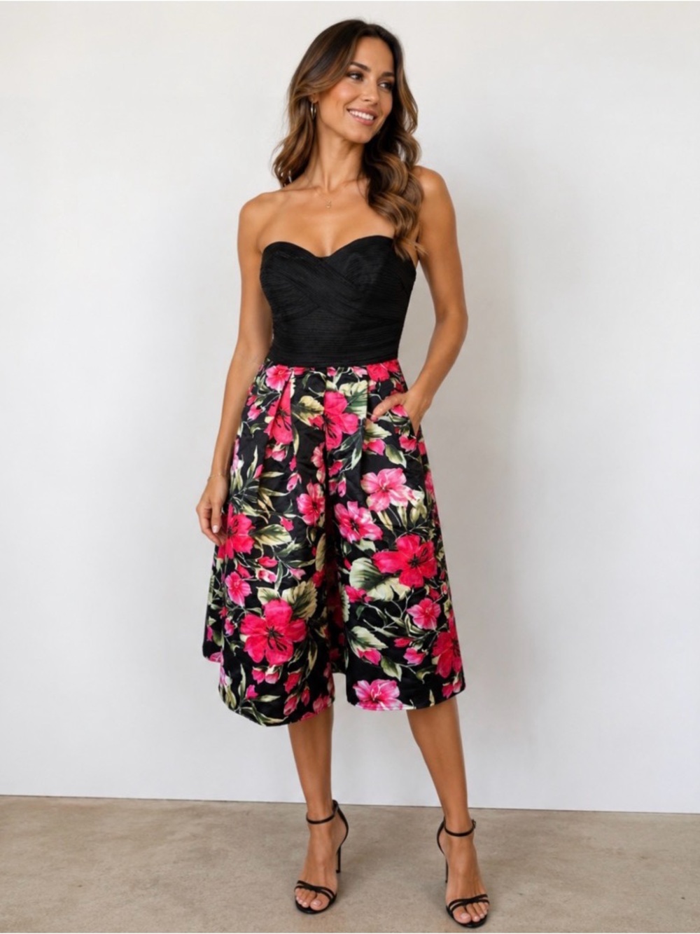 Fashion Nova Black Strapless Floral Skater Dress with Pink Blooms